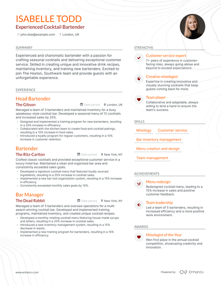 5 Cocktail Bartender Resume Examples & Guide for 2023