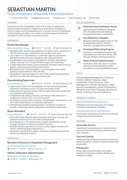 A resume example of a Estate Housekeeper