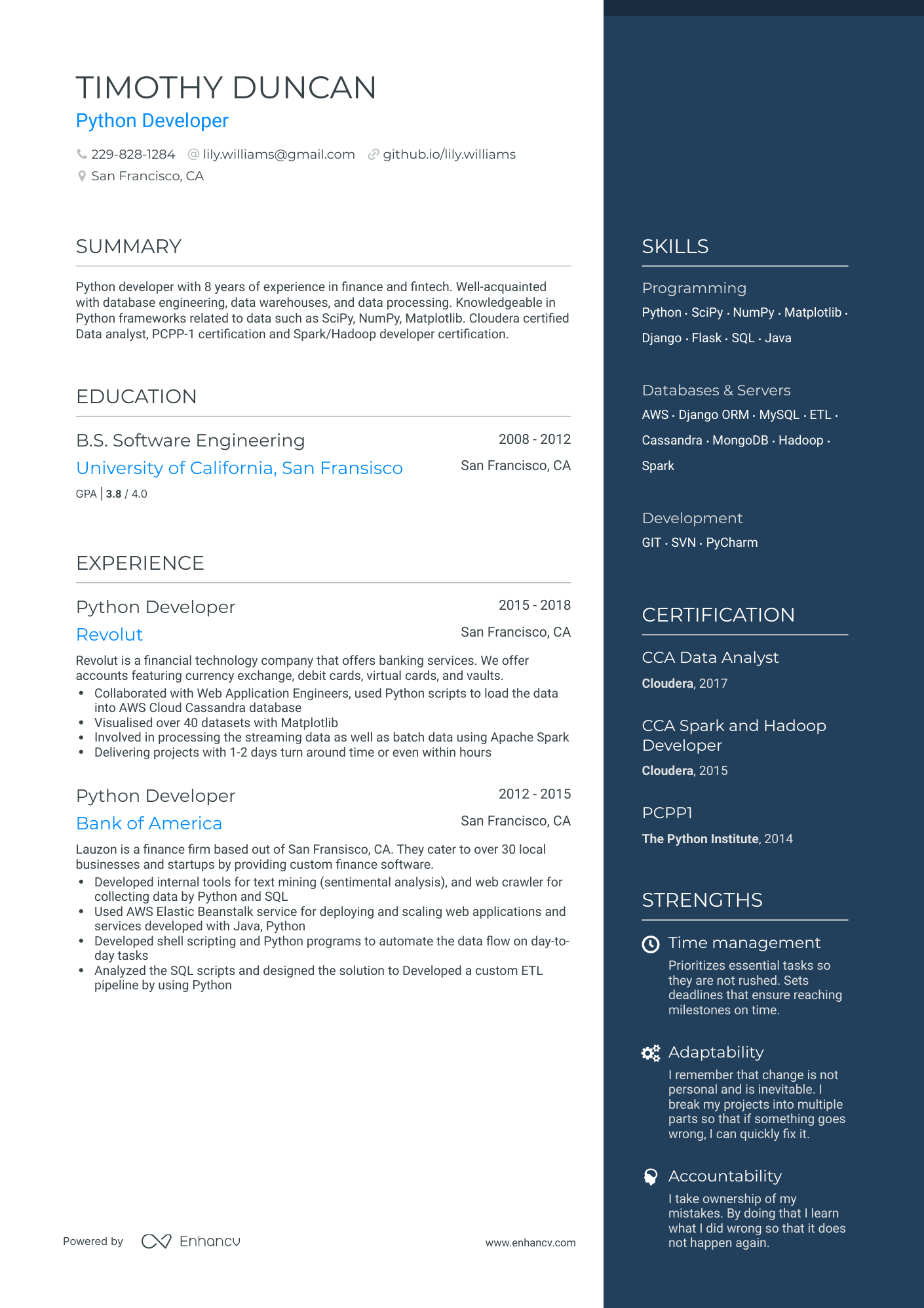 One Page Python Developer Resume Template