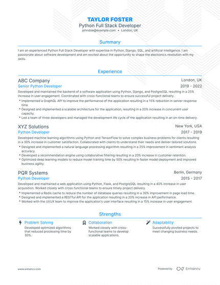 5 Python Full Stack Developer Resume Examples & Guide for 2024
