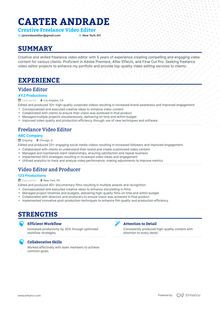 5 Freelance Video Editor Resume Examples & Guide for 2024