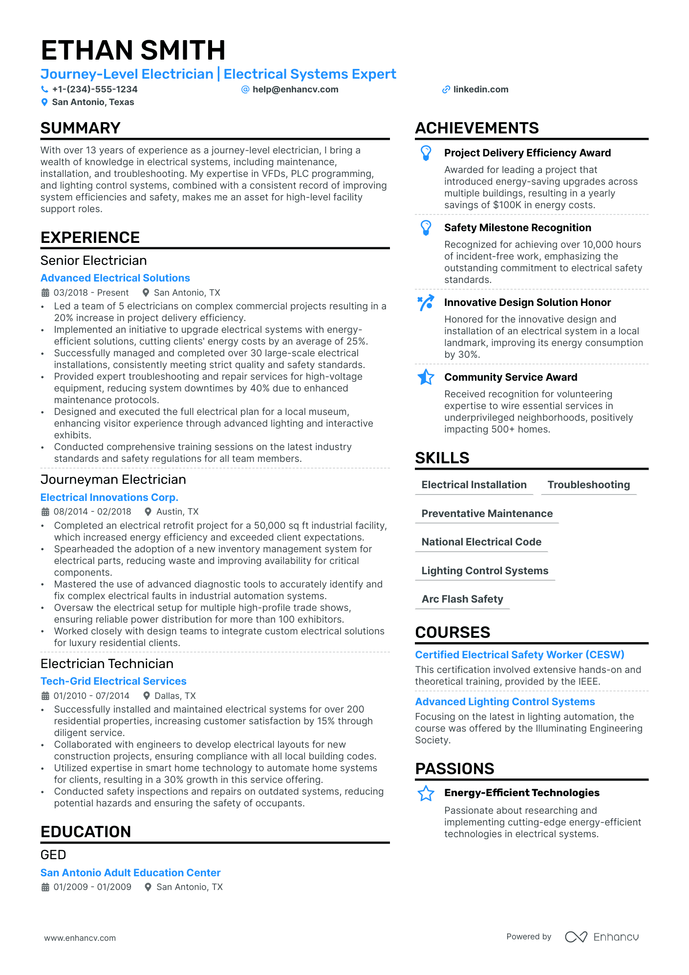 Electrician resume example