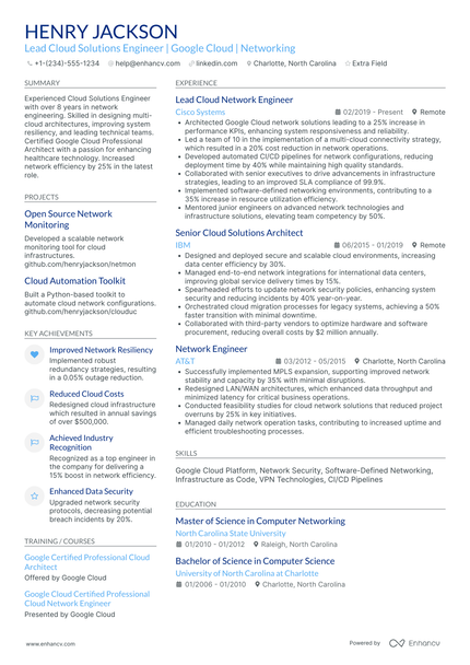 A resume example of a Google Cloud Certified Professional Cloud Network Engineer