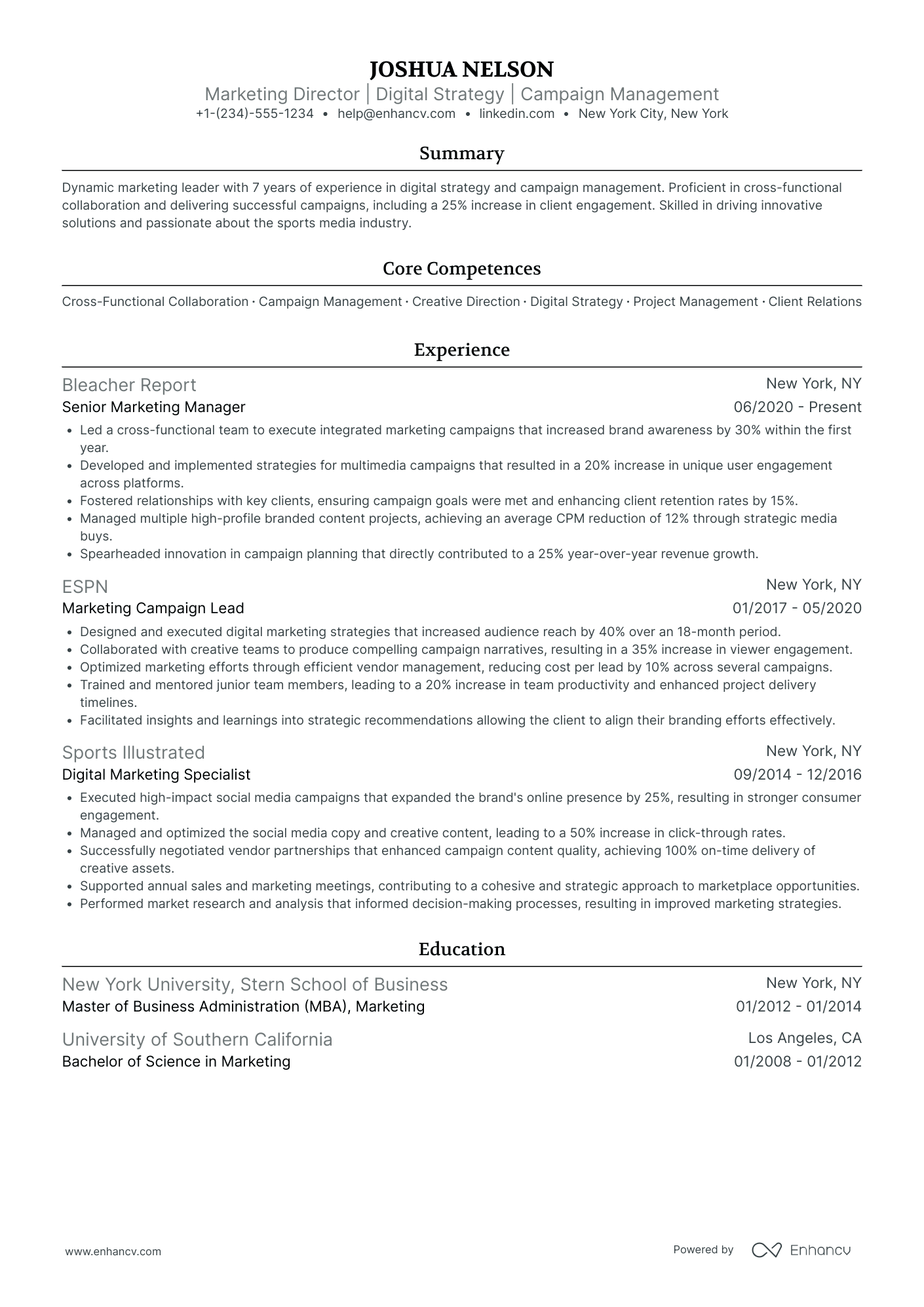 A resume example of a Chief Marketing Officer in Sports and Recreation