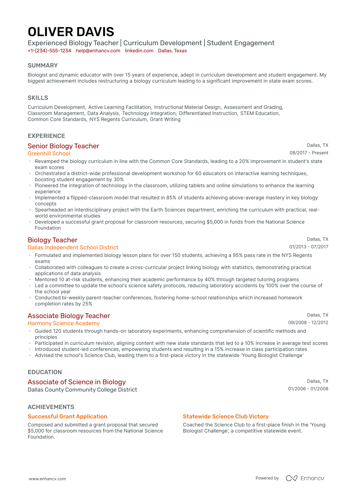 5 Biology Teacher Resume Examples & Guide for 2024