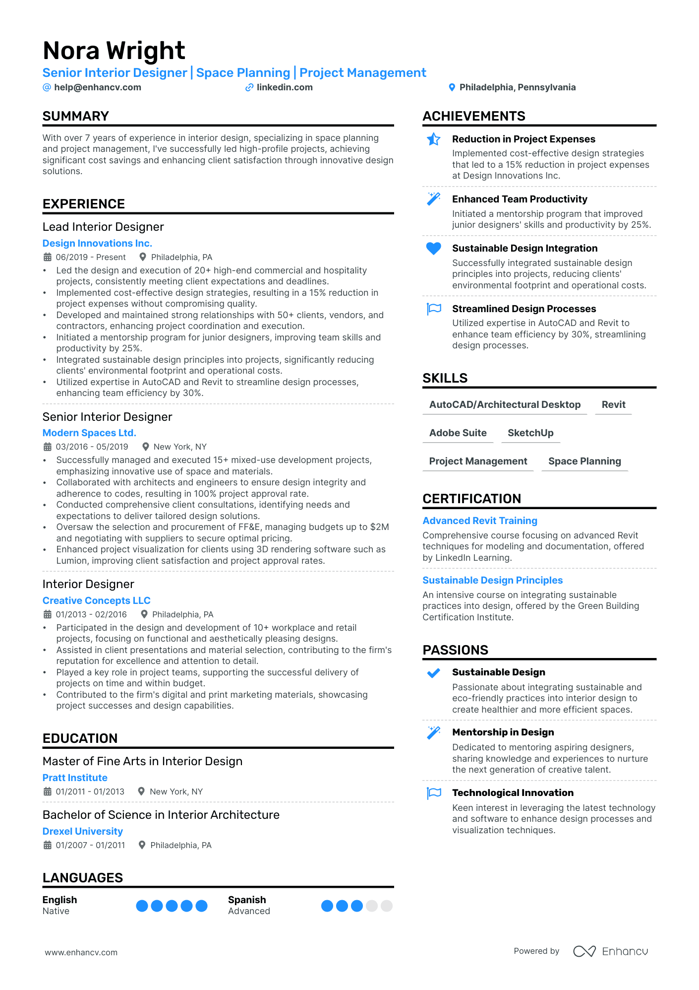 Interior Designer resume example