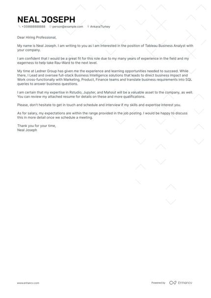 Tableau Business Analyst cover letter