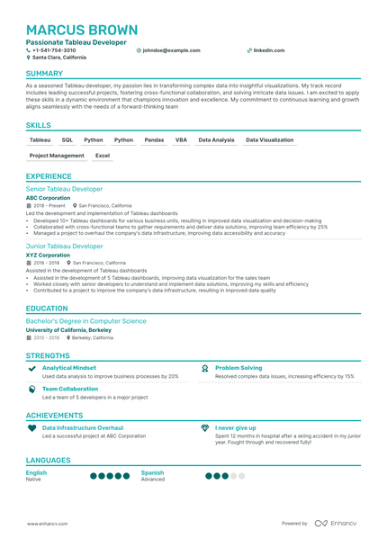 Tableau Developer resume example