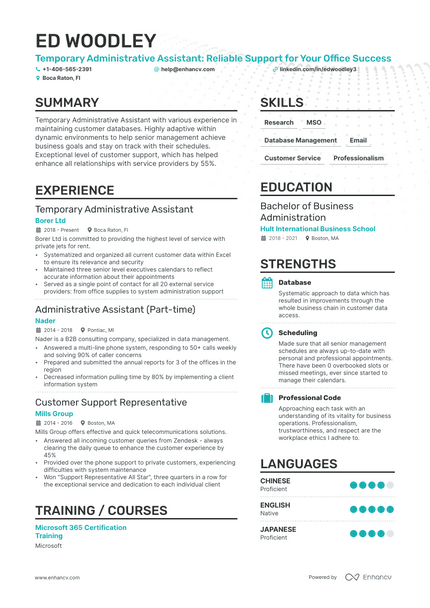 Temporary Administrative Assistant resume example