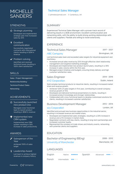 Technical Sales Manager resume example