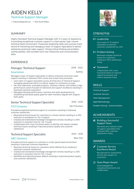 Technical Support Manager resume example