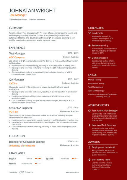 Test Manager resume example