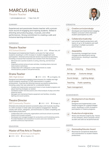 Theatre Teacher resume example