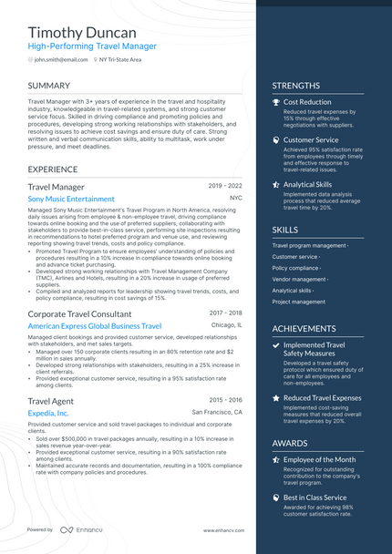 Travel Manager resume example