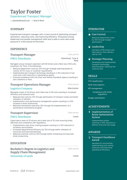 Transport Manager resume example