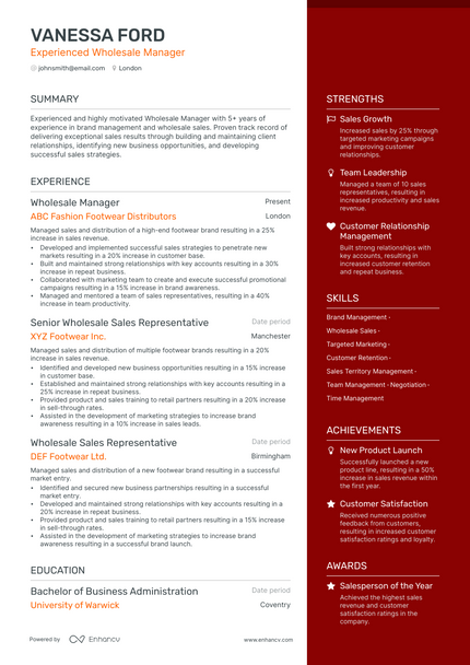 Wholesale Manager resume example
