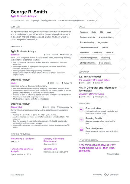 Agile Business Analyst resume example