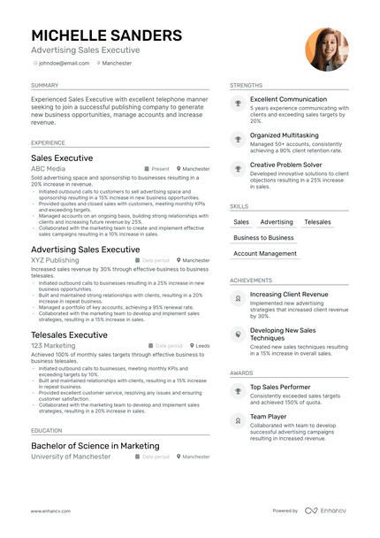 Advertising Sales Executive resume example