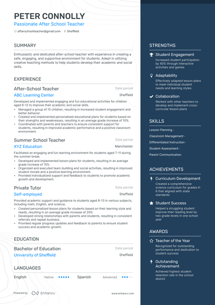 After School Teacher resume example
