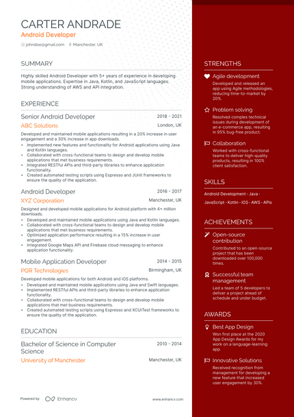 Android Developer resume example