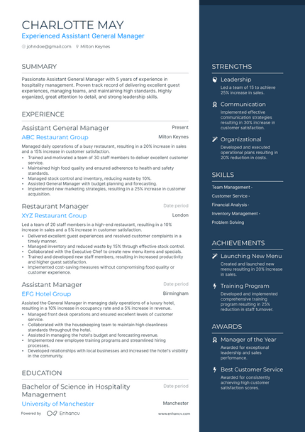Assistant General Manager resume example