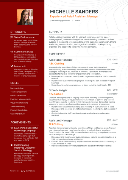 Assistant Manager Retail resume example