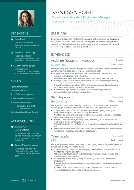 Assistant Restaurant Manager resume example