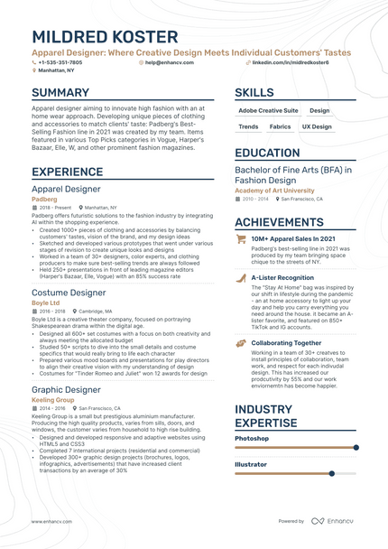 Apparel Designer resume example