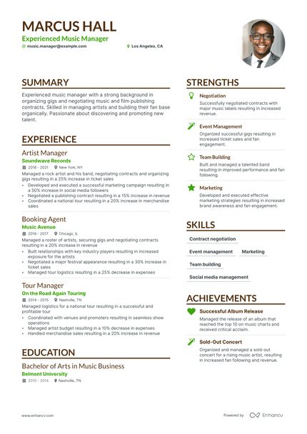 Artist Manager resume example