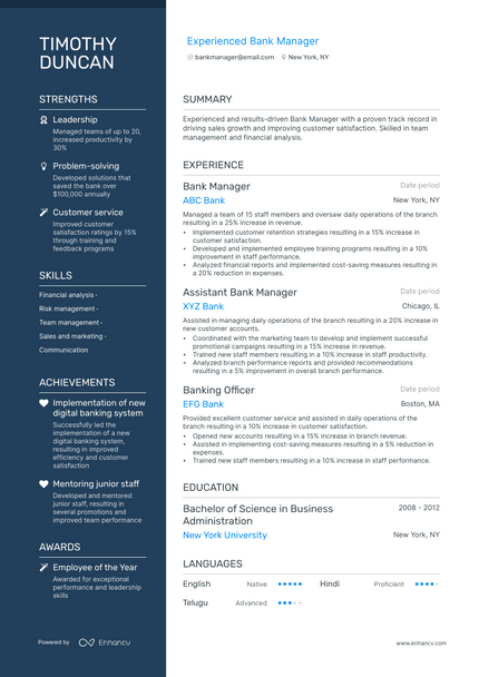 Bank Manager resume example