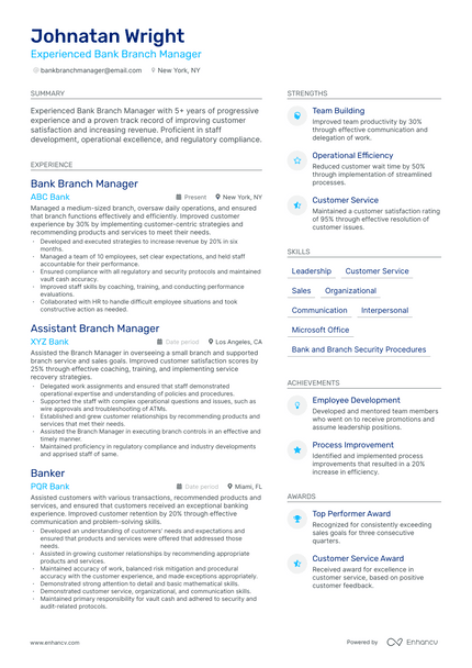 Bank Branch Manager resume example