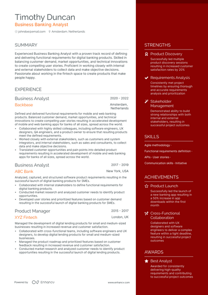 Banking Business Analyst resume example