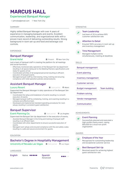 Banquet Manager resume example