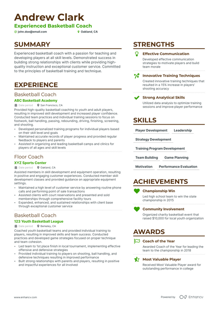 Basketball Coach resume example
