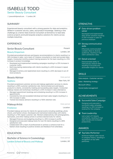 Beauty Consultant resume example