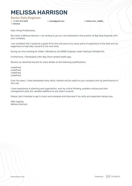 Big Data Engineer cover letter