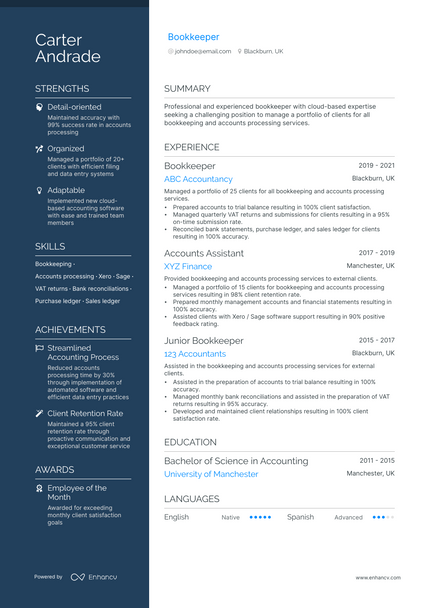 Bookkeeper resume example