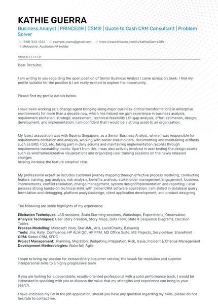 Business Analyst cover letter