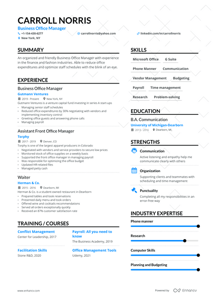Business Office Manager resume example
