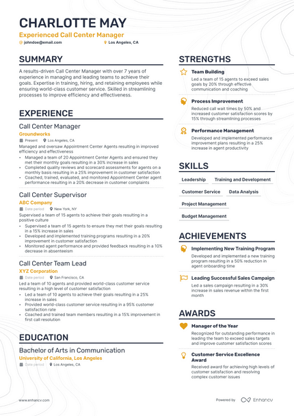 Call Center Manager resume example