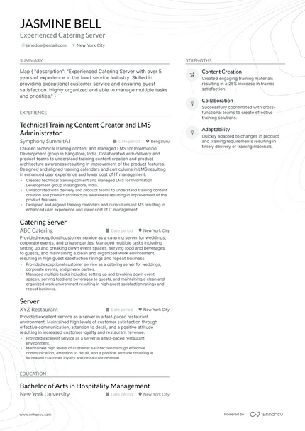Catering Server resume example