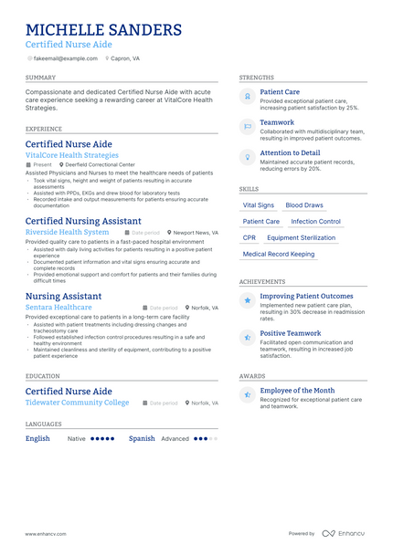 Certified Nurse Aide resume example