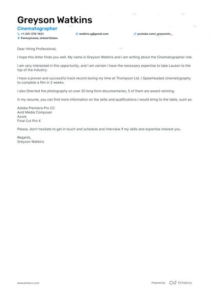 Cinematographer cover letter