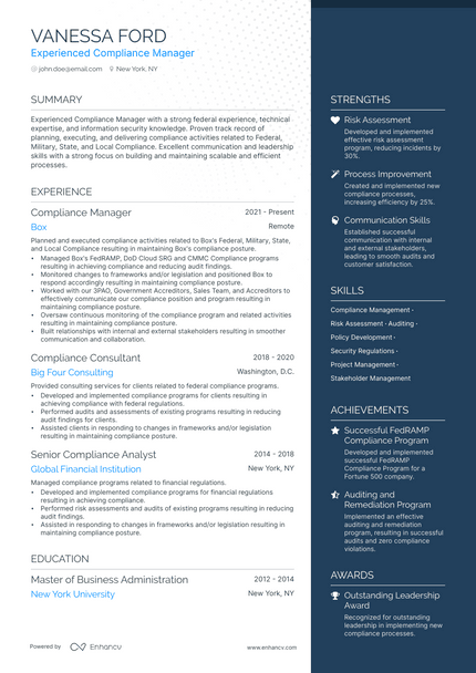 Compliance Manager resume example