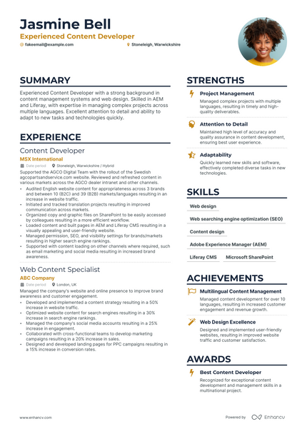Content Developer resume example