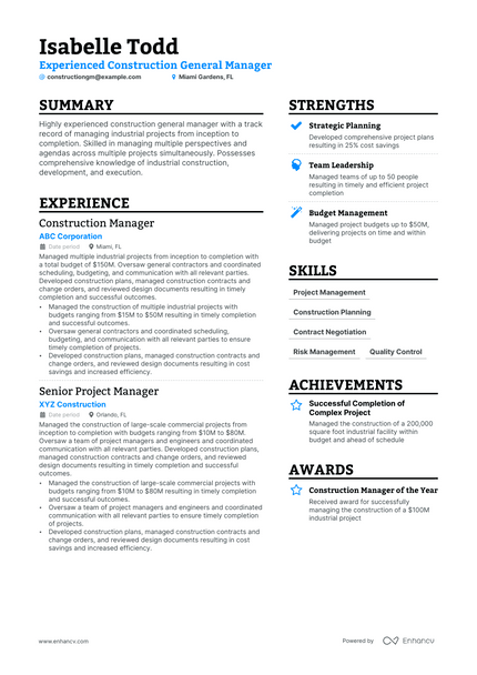 Construction General Manager resume example