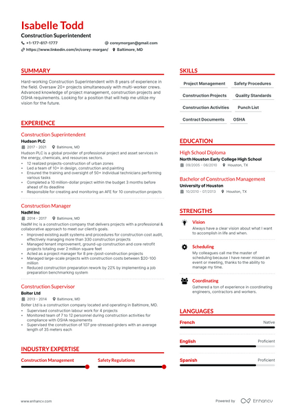 Construction Superintendent resume example