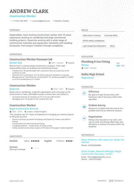 Construction Worker resume example