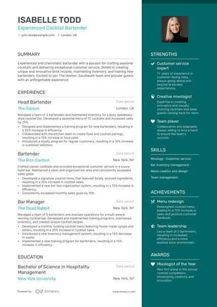 5 Cocktail Bartender Resume Examples & Guide for 2023