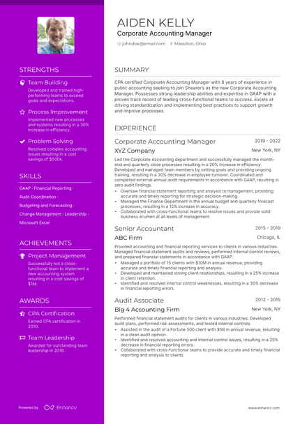 Corporate Accounting resume example